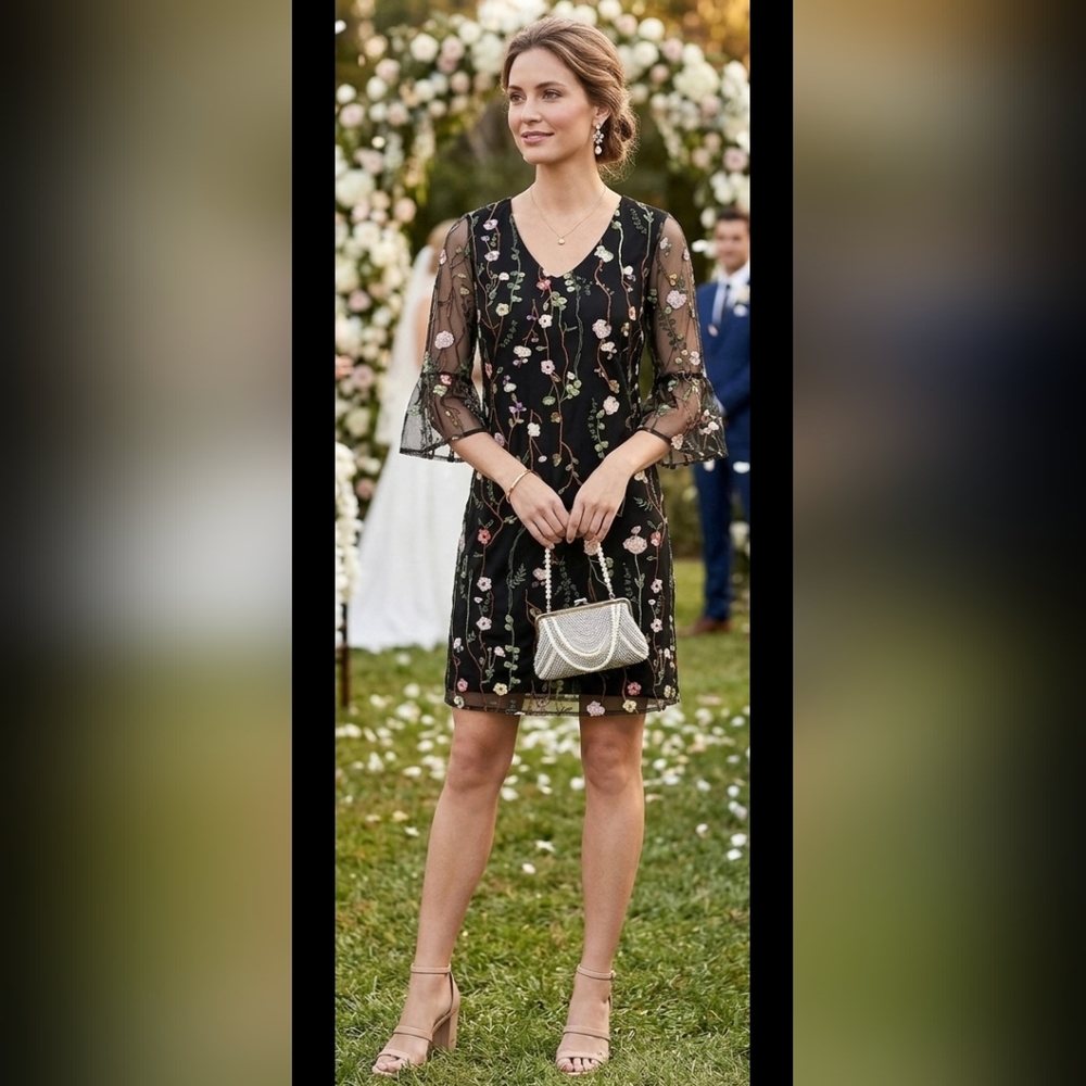 Spense Black Embroidered Floral Dress Sheer Overlay Size 4